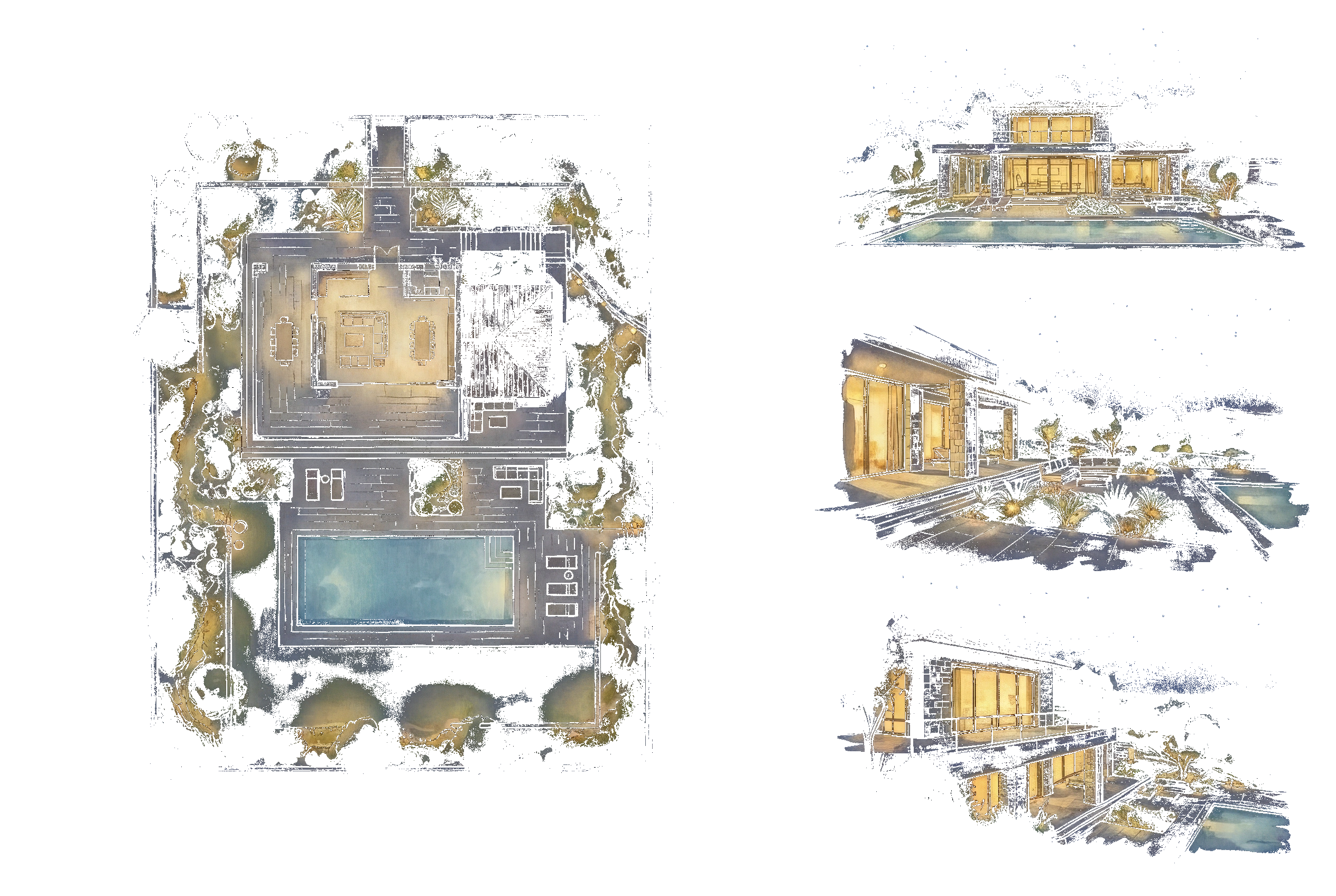 Villa provençale terminée — vue soir, ambiance premium, piscine éclairée