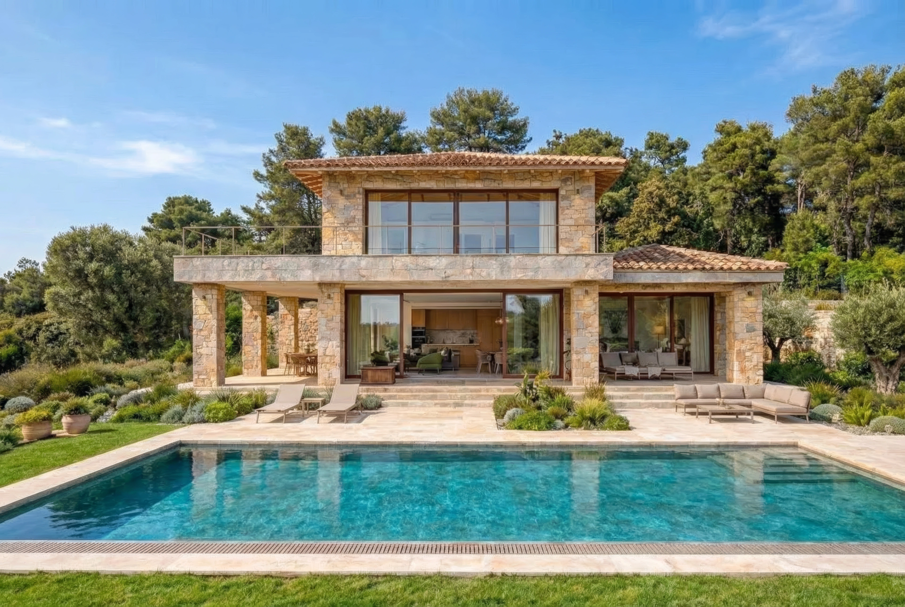 Villa provençale — détail matériaux façade, jonction pierre naturelle beige, menuiseries anthracite