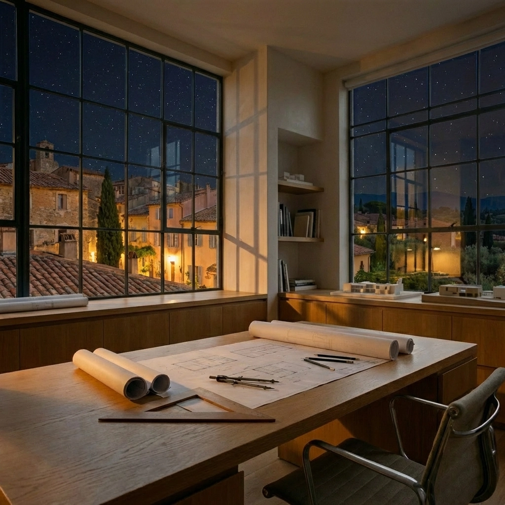 Bureau d’architecte avec plans — ambiance nocturne