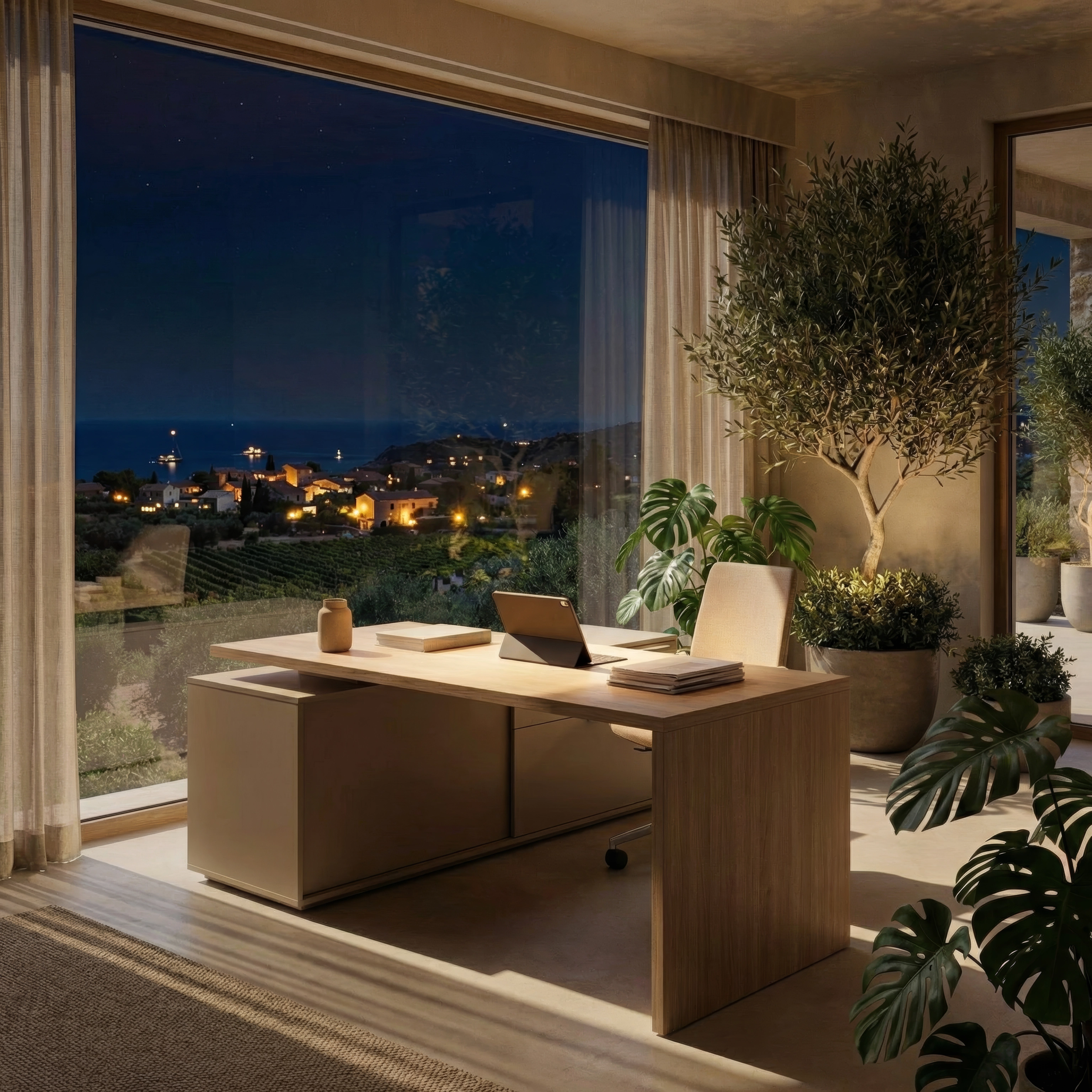 Bureau épuré avec vue sur le Golfe de Saint-Tropez — ambiance nocturne